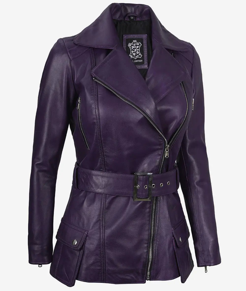 Womens Purple Belted Moto Leather Jacket