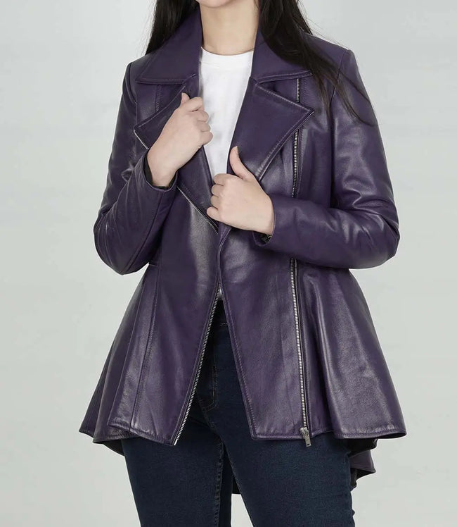 Womens Purple Leather Peplum Jacket