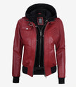 Womens Red Hooded Bomber Leather Jacket