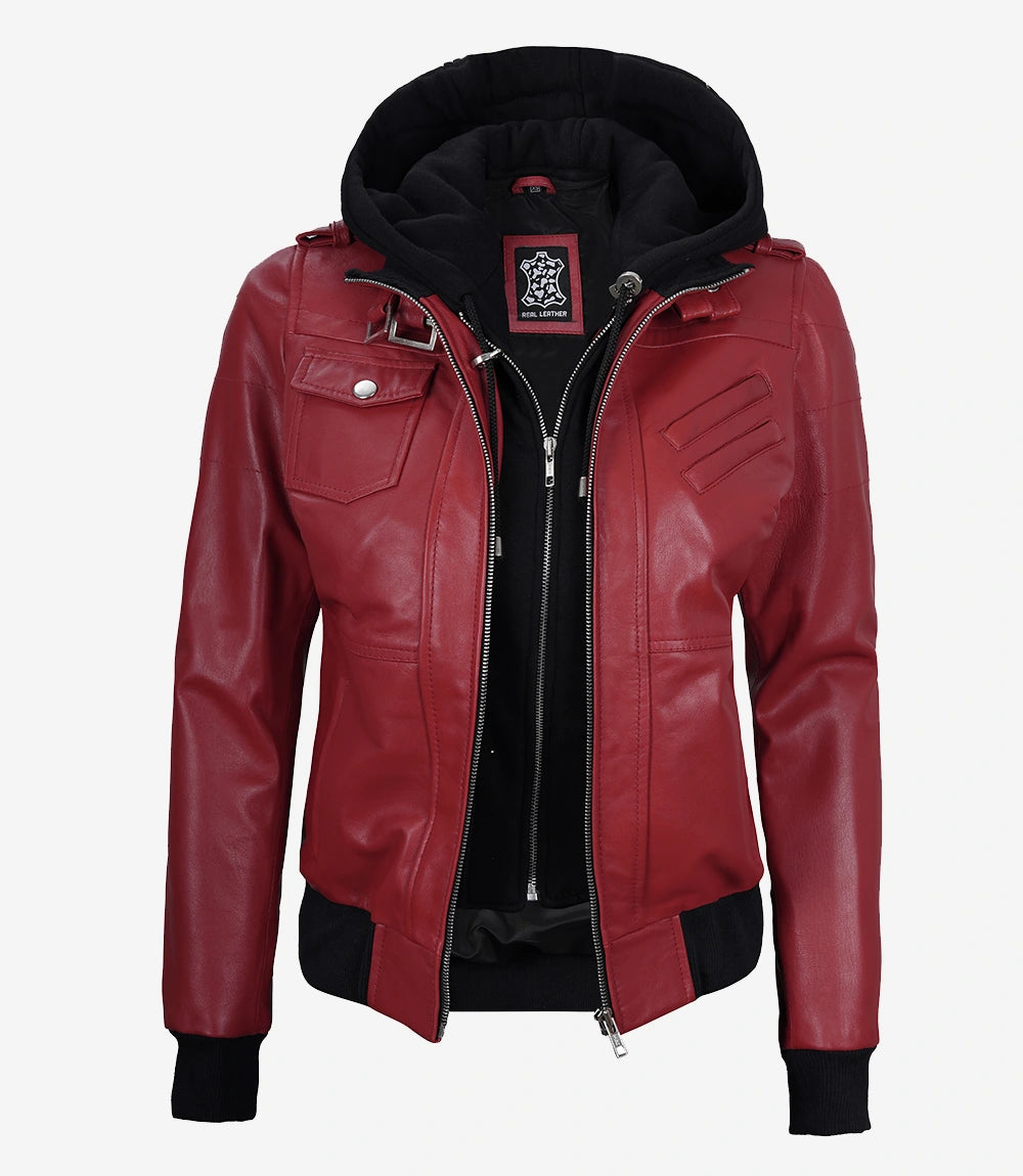 Womens Red Hooded Bomber Leather Jacket