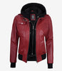 Womens Red Hooded Bomber Leather Jacket