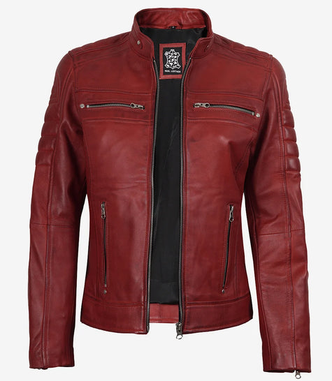 Womens Real Leather Red Cafe Racer Jacket