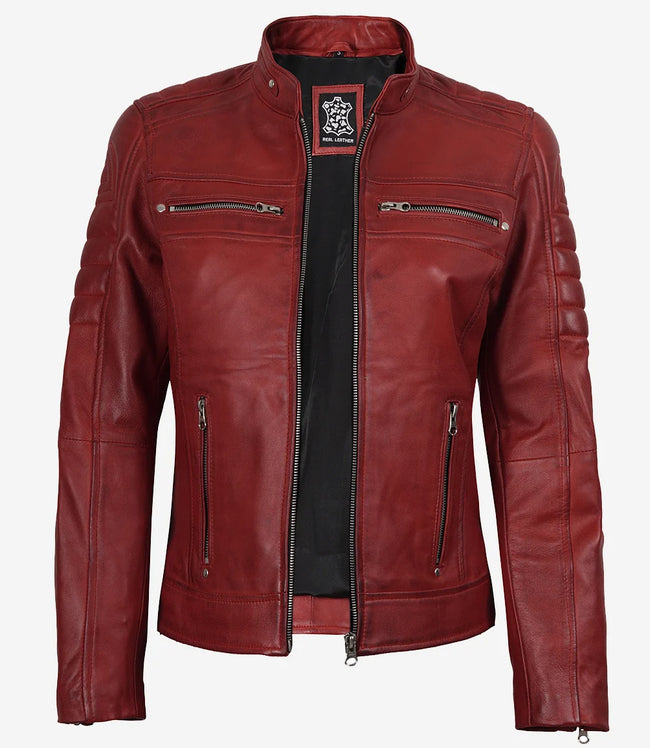 Womens Real Leather Red Cafe Racer Jacket