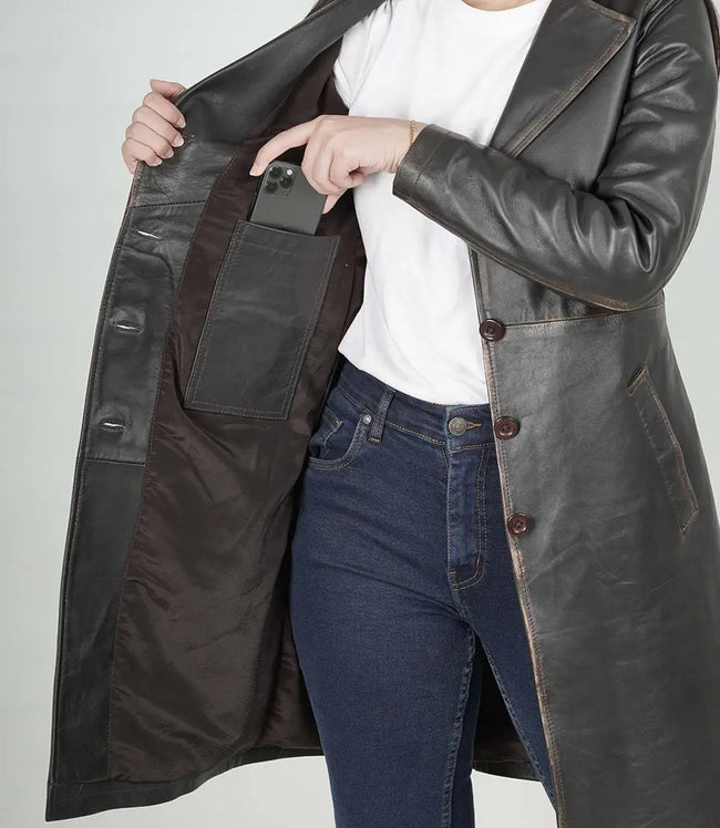 Womens Rub off Brown Long Leather Car Coat