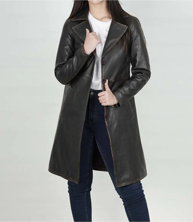 Womens Rub off Brown Long Leather Car Coat