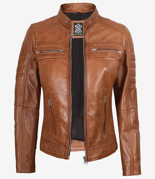 Womens Tan Cafe Racer Leather Jacket