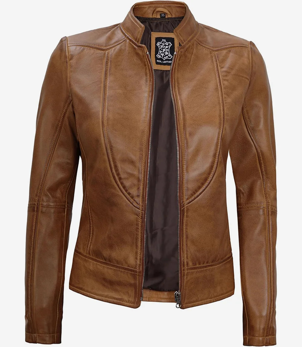 Womens Vintage Camel Leather Biker Jacket