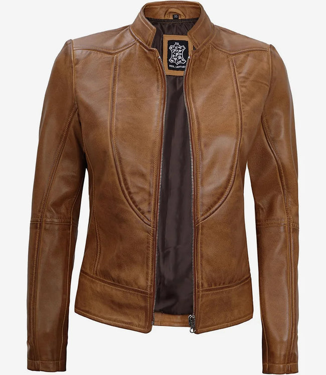 Womens Vintage Camel Leather Biker Jacket