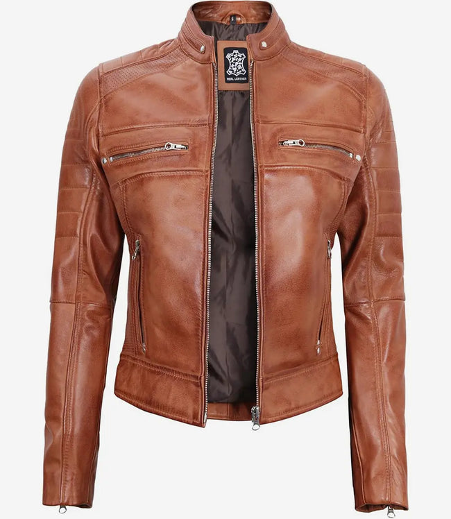Womens Brown Cafe Racer Leather Jacket