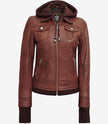Dark Brown Bomber Leather Jacket With Removable Hood