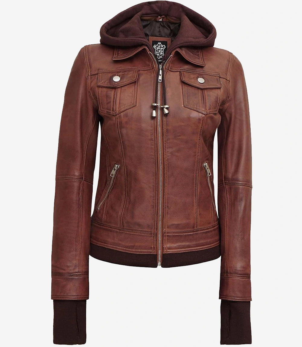 Dark Brown Bomber Leather Jacket With Removable Hood