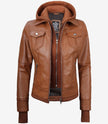 Brown Bomber Leather Jacket With Hood