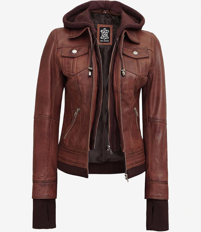 Dark Brown Bomber Leather Jacket With Removable Hood