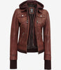 Dark Brown Bomber Leather Jacket With Removable Hood