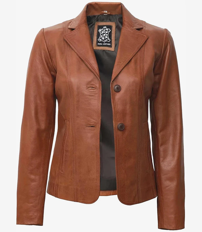 Womens Brown Leather Blazer Jacket