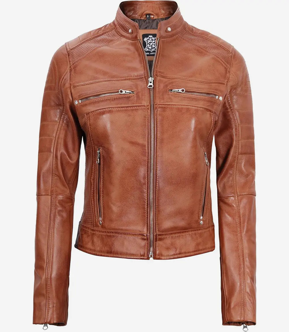Womens Brown Cafe Racer Leather Jacket