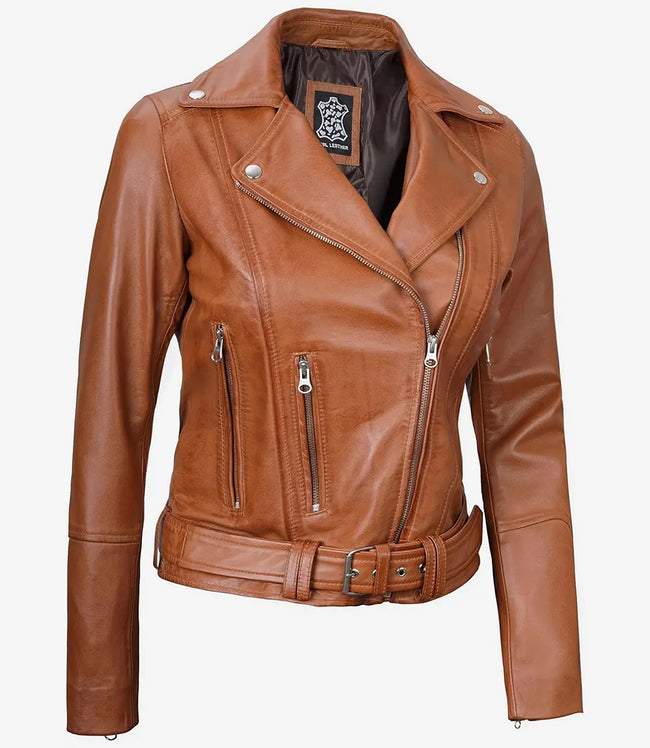 Womens Asymmetrical Belted Brown Leather Jacket