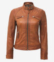 Womens Real Lambskin Leather Tan Quilted Biker Jacket