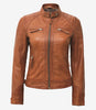 Womens Real Lambskin Leather Tan Quilted Biker Jacket