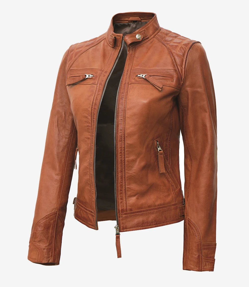 Womens Real Lambskin Leather Tan Quilted Biker Jacket