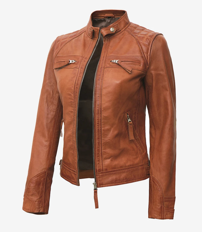Womens Real Lambskin Leather Tan Quilted Biker Jacket