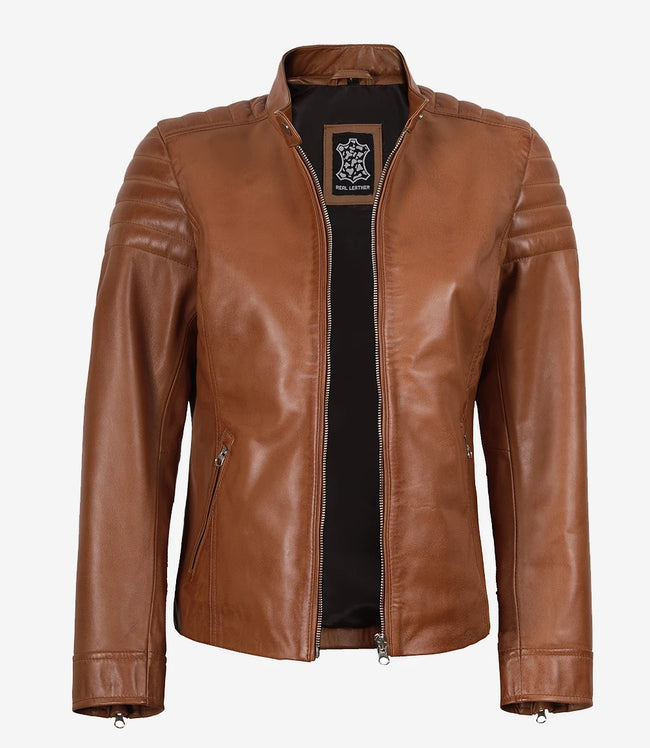 Womens Real Lambskin Leather Tan Biker Jacket