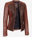 Womens Brown Textured Leather Biker Jacket