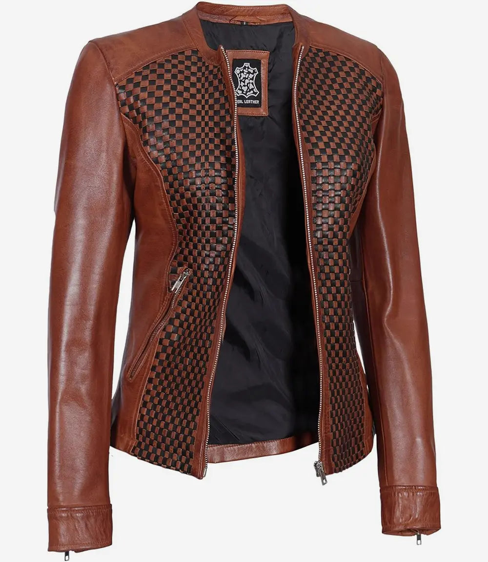 Womens Brown Textured Leather Biker Jacket