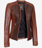 Womens Brown Textured Leather Biker Jacket