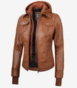 Brown Bomber Leather Jacket With Hood