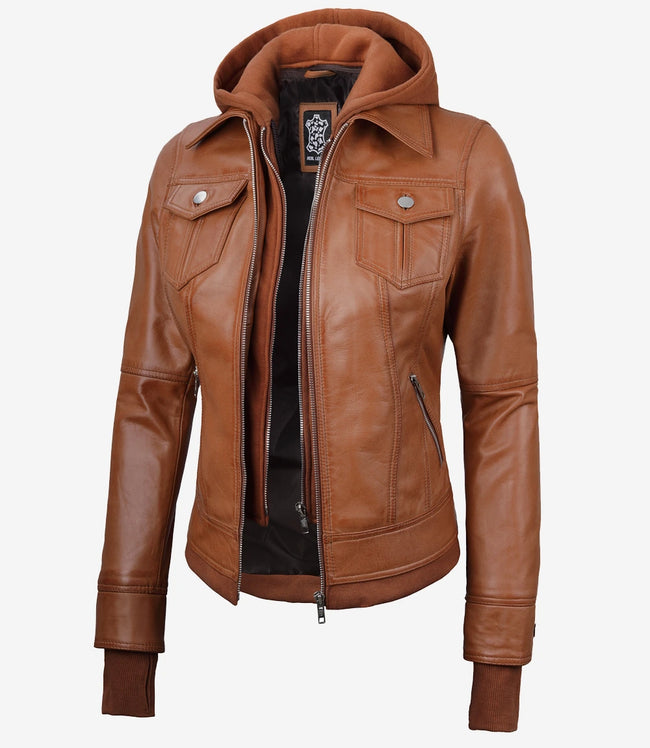 Brown Bomber Leather Jacket With Hood