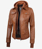 Brown Bomber Leather Jacket With Hood
