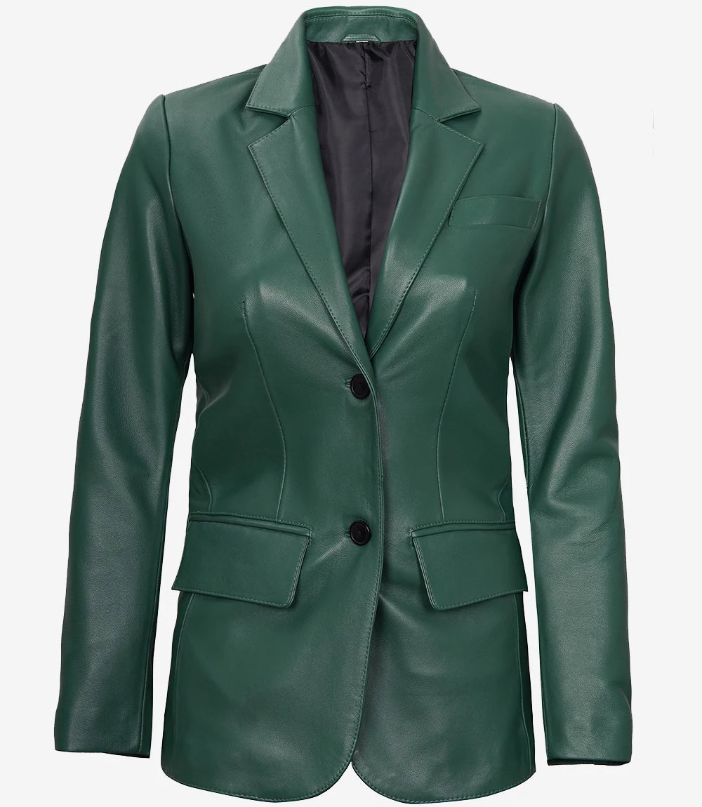 Womens Two Button Green Leather Blazer
