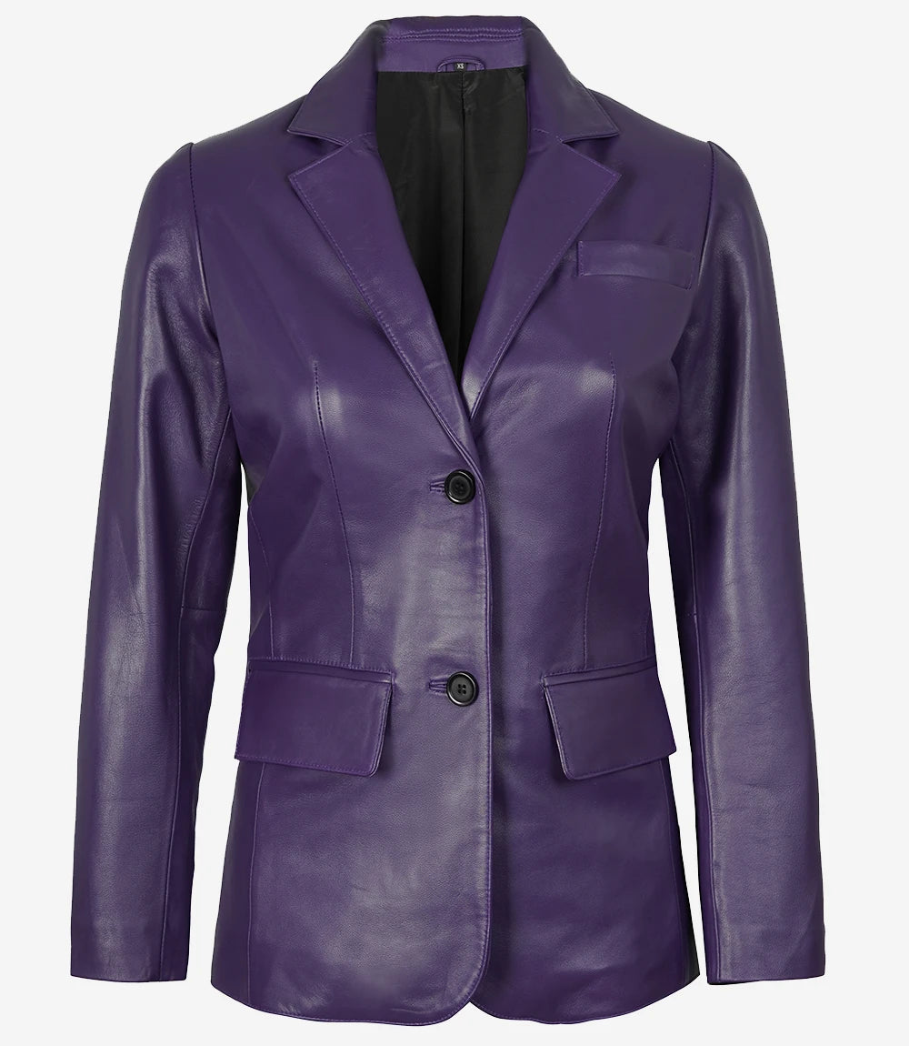 Womens Two Button Purple Leather Blazer