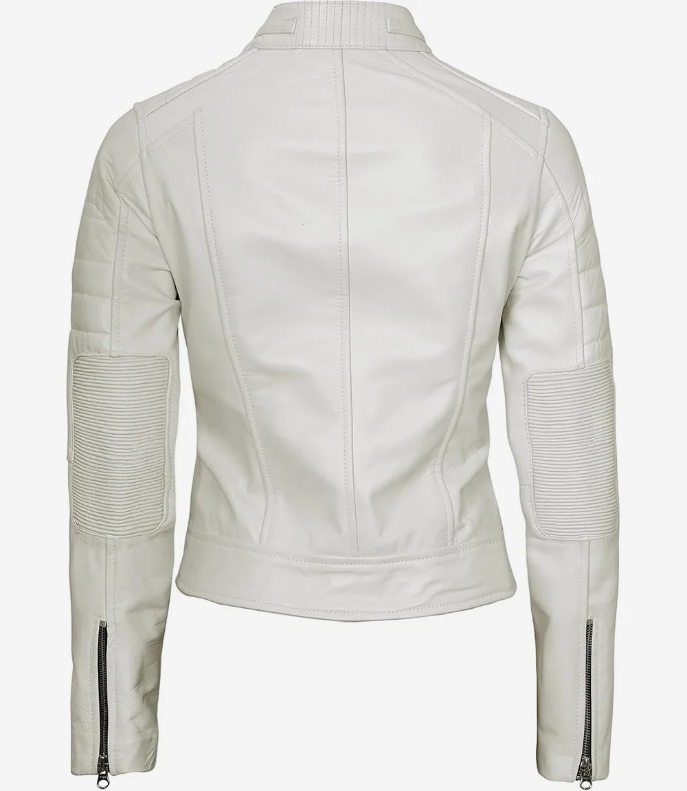 Womens Real Leather White Biker Jacket