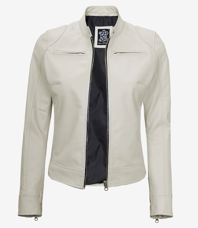 Womens Biker Racer White Leather Jacket