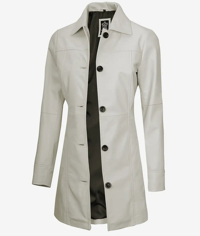 Womens Real Leather White Car Coat