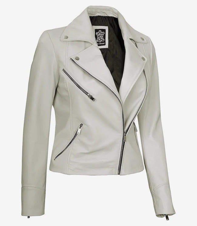 Womens Real Lambskin Leather White Moto Jacket