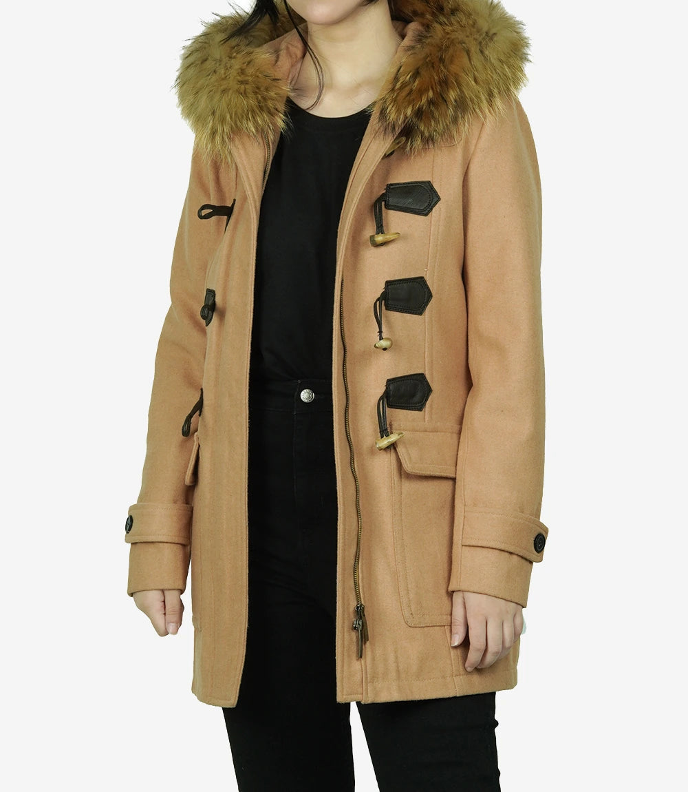 Womens Camel Wool Coat With Fur Trim Hood
