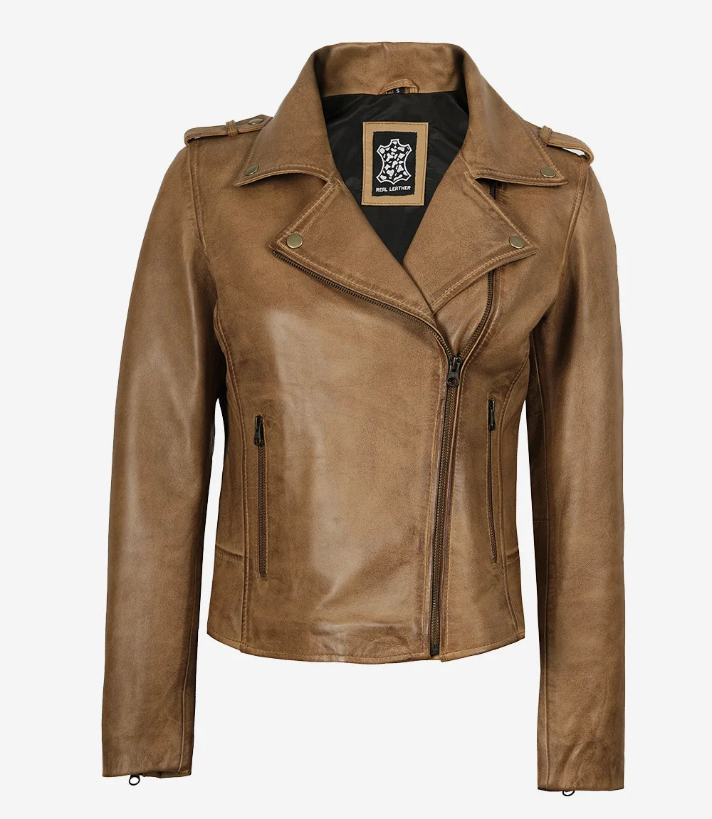 Leather Asymmetrical Camel Biker Jacket Womens