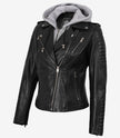 Womens Moto Black Leather Jacket with Hood