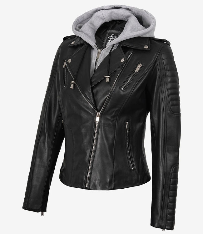 Womens Moto Black Leather Jacket with Hood