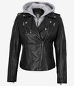 Womens Moto Black Leather Jacket with Hood