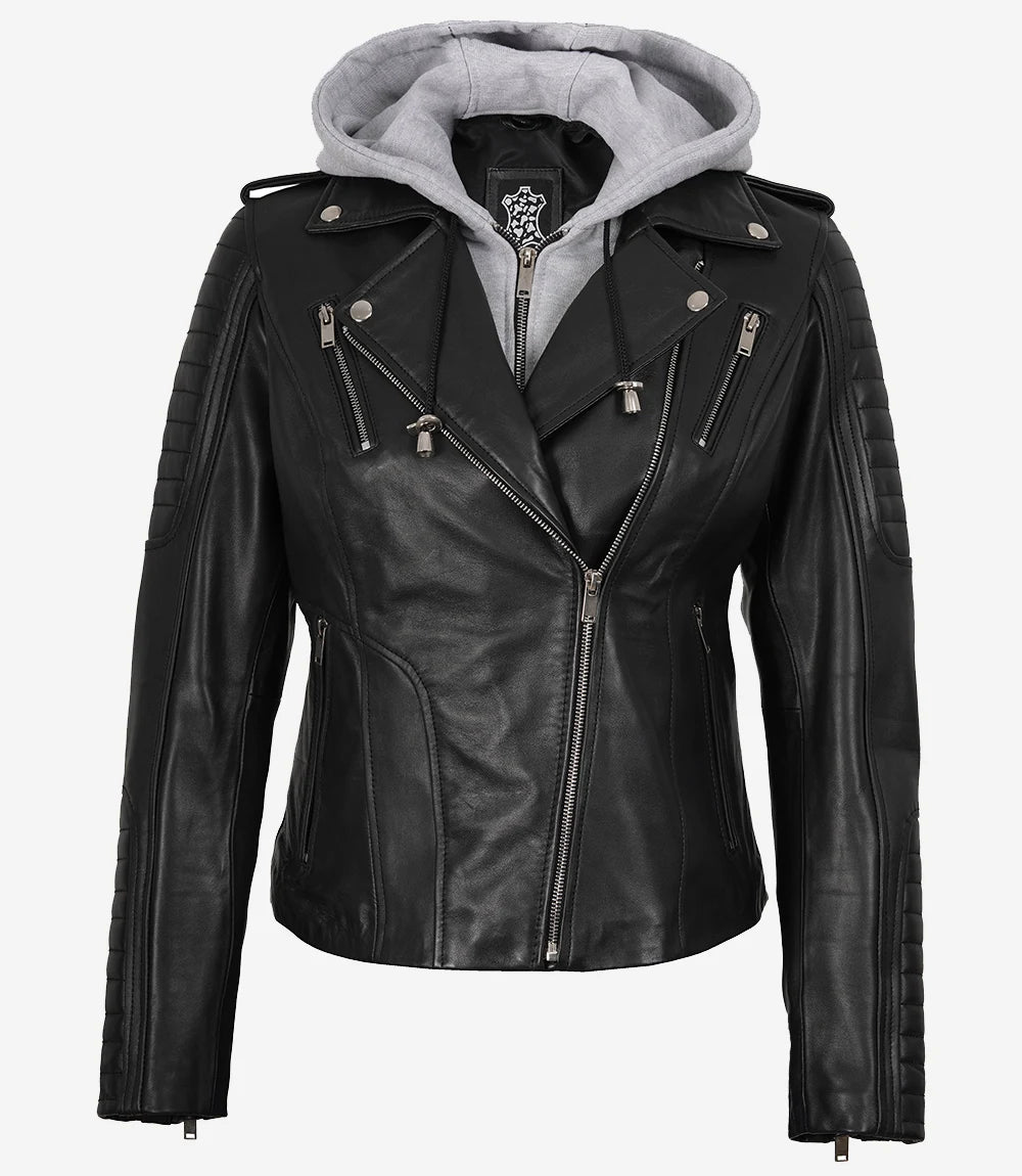 Womens Moto Black Leather Jacket with Hood