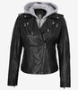 Womens Moto Black Leather Jacket with Hood