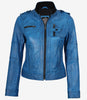 Women's Blue Waxed Lambskin Leather Biker Jacket