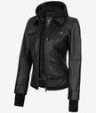 The Celeste: Womens Black Bomber Leather Jacket with Removable Hood