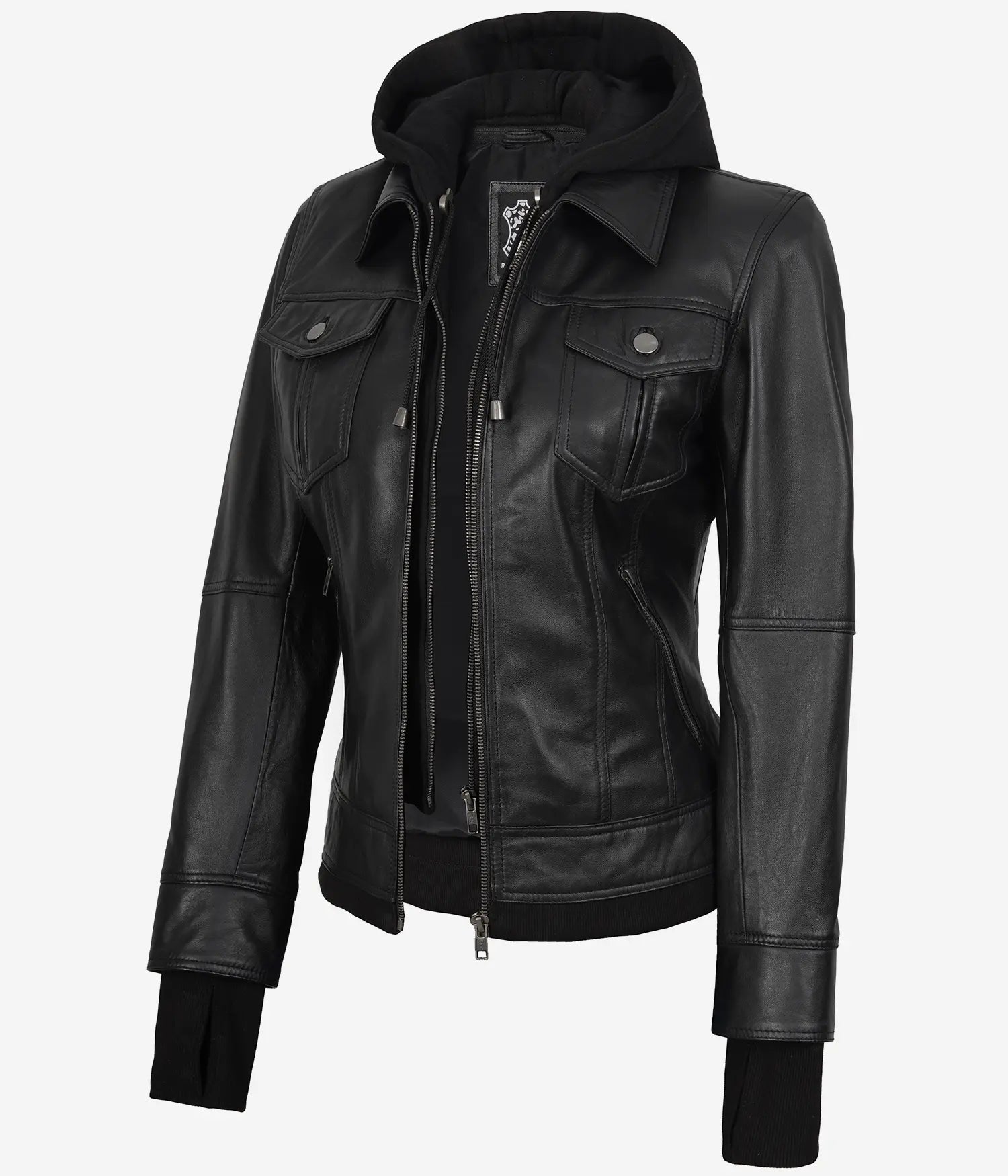 The Celeste: Womens Black Bomber Leather Jacket with Removable Hood