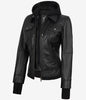 The Celeste: Womens Black Bomber Leather Jacket with Removable Hood