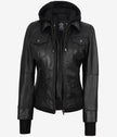 The Celeste: Womens Black Bomber Leather Jacket with Removable Hood